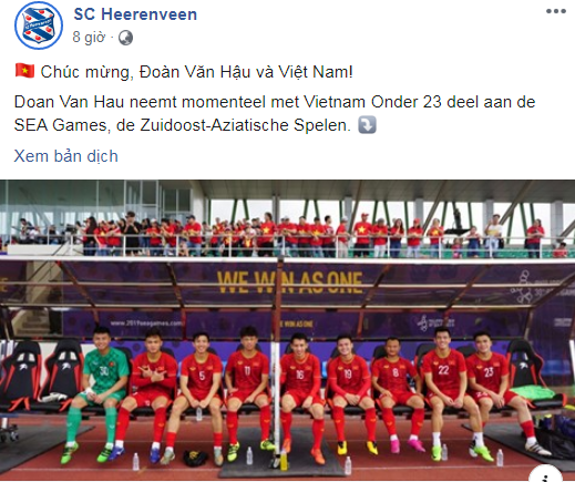 SC Heerenveen luôn quan tâm đến hành trình của Văn Hậu cùng các đội tuyển quốc gia Việt Nam. Ảnh: Chụp màn hình.