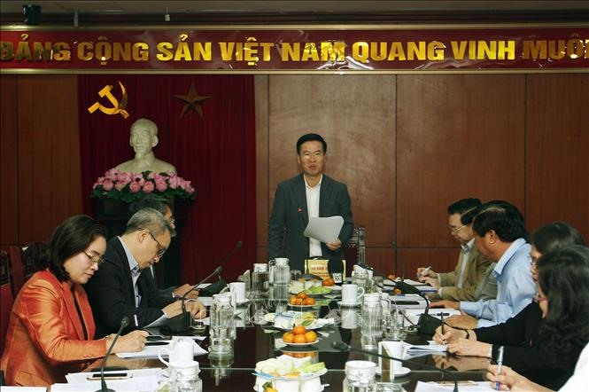 Trưởng Ban Tuyên giáo Trung ương Võ Văn Thưởng phát biểu kết luận buổi làm việc. Ảnh: Nguyễn Dân/TTXVN