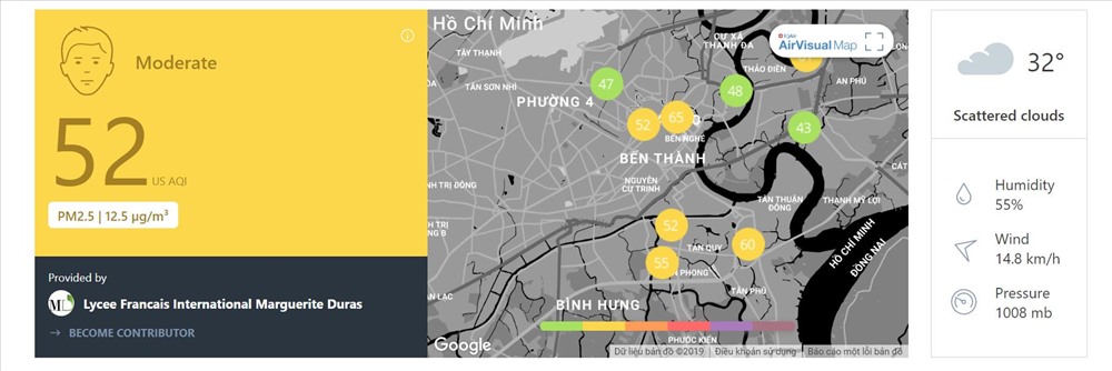 Chỉ số chất lượng không khí (AQI) tại TP.Hồ Chí Minh giảm mạnh. Ảnh: Airvisual.