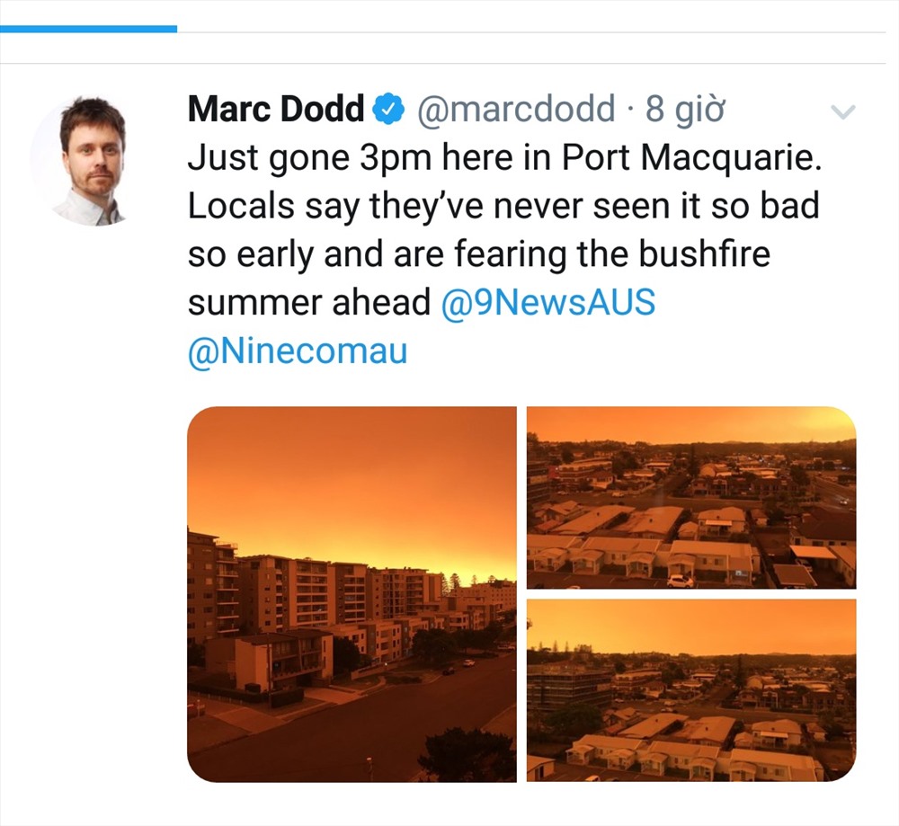 Tình hình thời tiết đáng lo ngại ở bang New South Wales. Ảnh: Ảnh chụp màn hình từ Marc Dodd/Twitter.