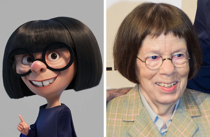 Có vẻ nhân vật này lại giống với diễn viên Linda Hunt hơn là nhà thiết kế Edith Head. Ảnh: The Incredibles/Disney và Wikimedia.