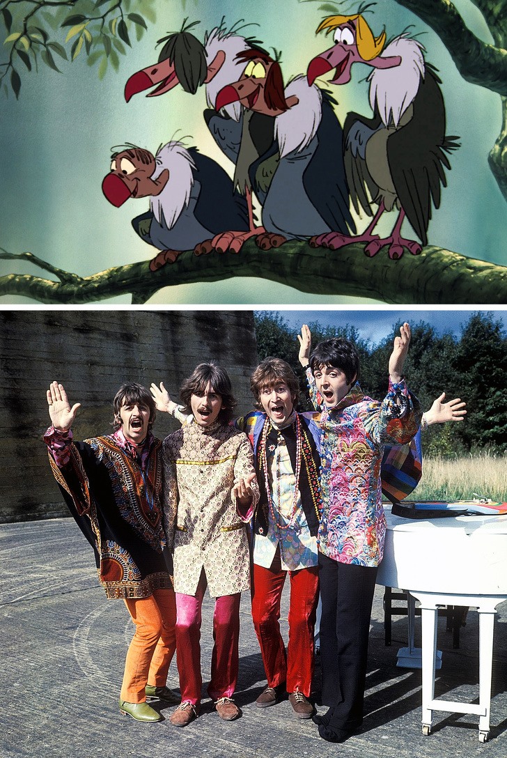 Nhóm 4 con kền kền và ban nhạc huyền thoại The Beatles. Ảnh: The Jungle Book/Disney và Parlophone Music Sweden/Wikimedia.