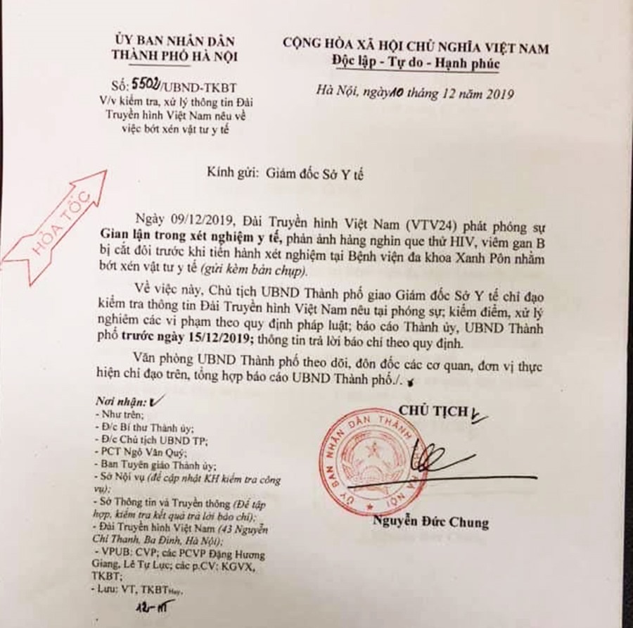 Văn bản chỉ đạo của Chủ tịch UBND Thành phố Hà Nội Nguyễn Đức Chung.