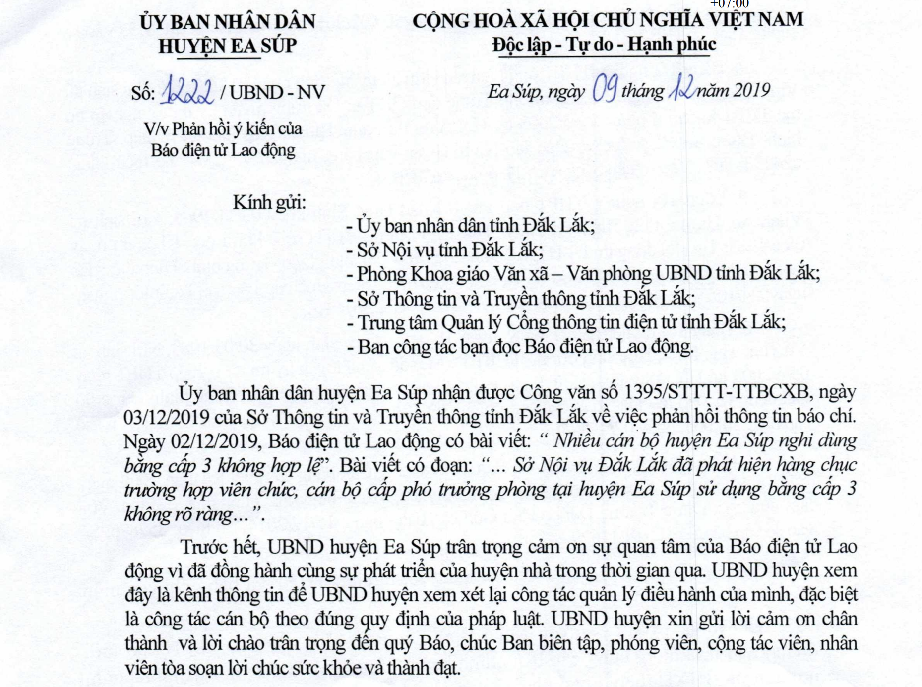 Công văn phản hồi bài viết của Báo Lao Động của huyện Ea Súp.
