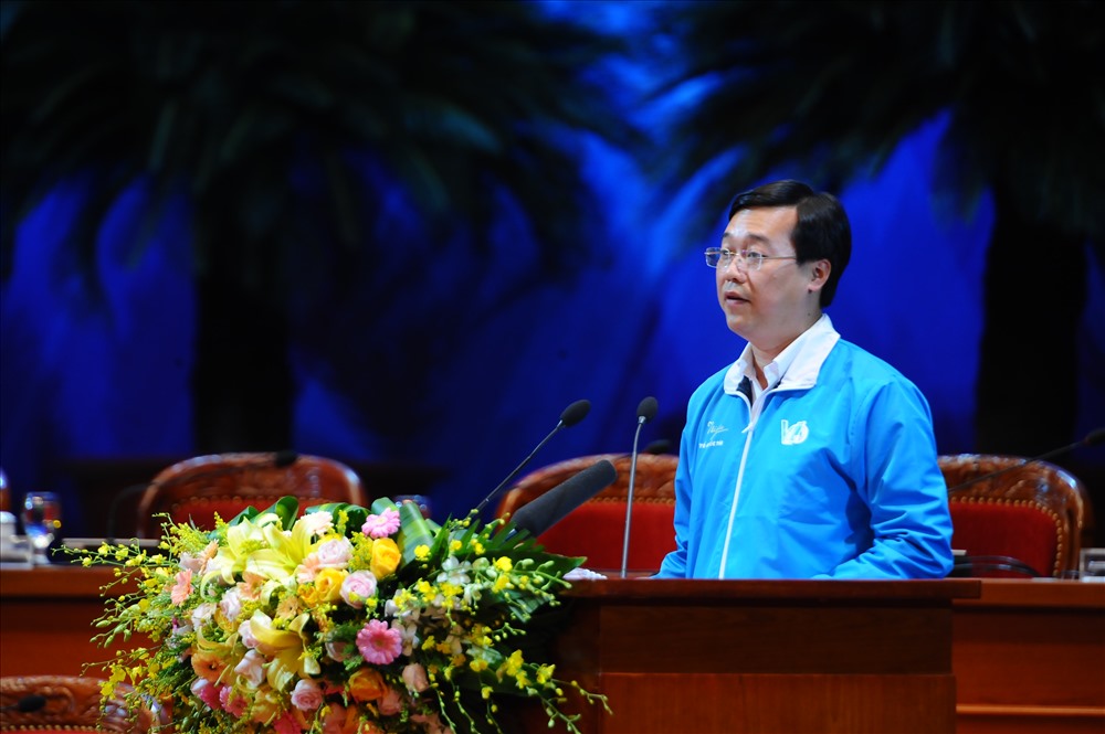 Anh Lê Quốc Phong, Bí thư thứ nhất Trung ương Đoàn, Chủ tịch Trung ương Hội Liên hiệp thanh niên Việt Nam phát biểu khai mạc đại hội - Ảnh: PV