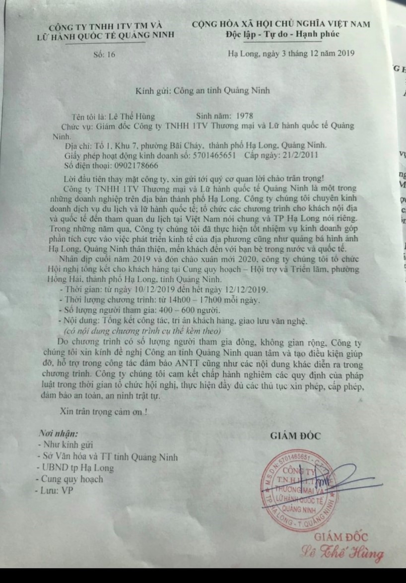 Công văn gửi Công an tỉnh Quảng Ninh đề nghị hỗ trợ đảm bảo an ninh trật tự cũng như các nội dung khác