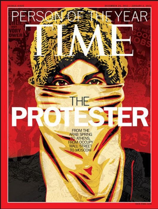 Người biểu tình chứ không phải một nhân vật cụ thể nào được gọi tên là Nhân vật của năm 2011. Mùa xuân Arab và phong trào Chiếm lấy phố Wall đã tạo cảm hứng cho lựa chọn này của Time. “Năm 2011, người biểu tình không chỉ cất tiếng phàn nàn, họ đã thay đổi thế giới” - tạp chí danh tiếng nhận định. Ảnh: Time.