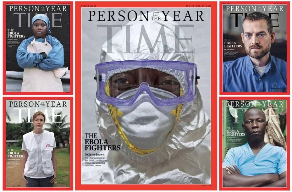 Những chiến binh chống Ebola được tôn vinh là Nhân vật của năm 2014. Đội ngũ nhân viên y tế, các bác sĩ, nhà khoa học, y tá và nhân viên cấp cứu cùng nhiều người tham gia cuộc chiến chống bùng phát virus Ebola cùng được vinh danh năm 2014.  Năm ảnh bìa của tạp chí Time về Nhân vật của năm 2014 là bác sĩ Jerry Brown - giám đốc y tế ở Monrovia, Liberia; Bác sĩ Kent Brantly - người Mỹ đầu tiên bị nhiễm dịch Ebola 2014; Ella Watson-Stryker - nhà quảng bá về y tế cho tổ chức Bác sĩ không biên giới; Foday Gallah  -  giám sát viên cấp cứu và người sống sót sau dịch Ebola ở Monrovia; và Salome Karwah -  y tá thực tập sinh từ Liberia có cha mẹ đã chết vì Ebola. ảnh: Time.