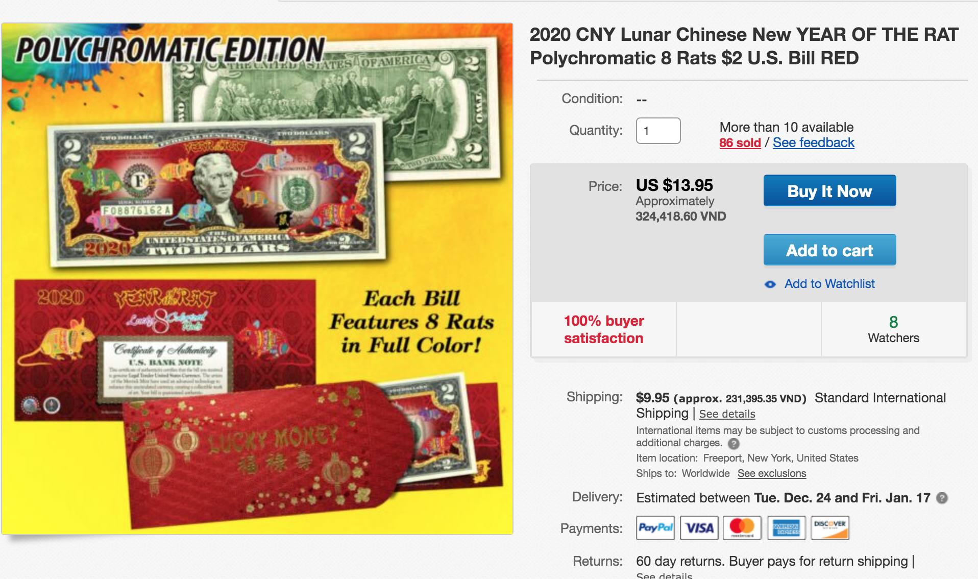 Tờ tiền 2 USD hình chuột mạ vàng được ra báo trên Ebay với lời quảng cáo miễn phí tiền ship trên toàn thế giới. Ảnh: chụp màn hình