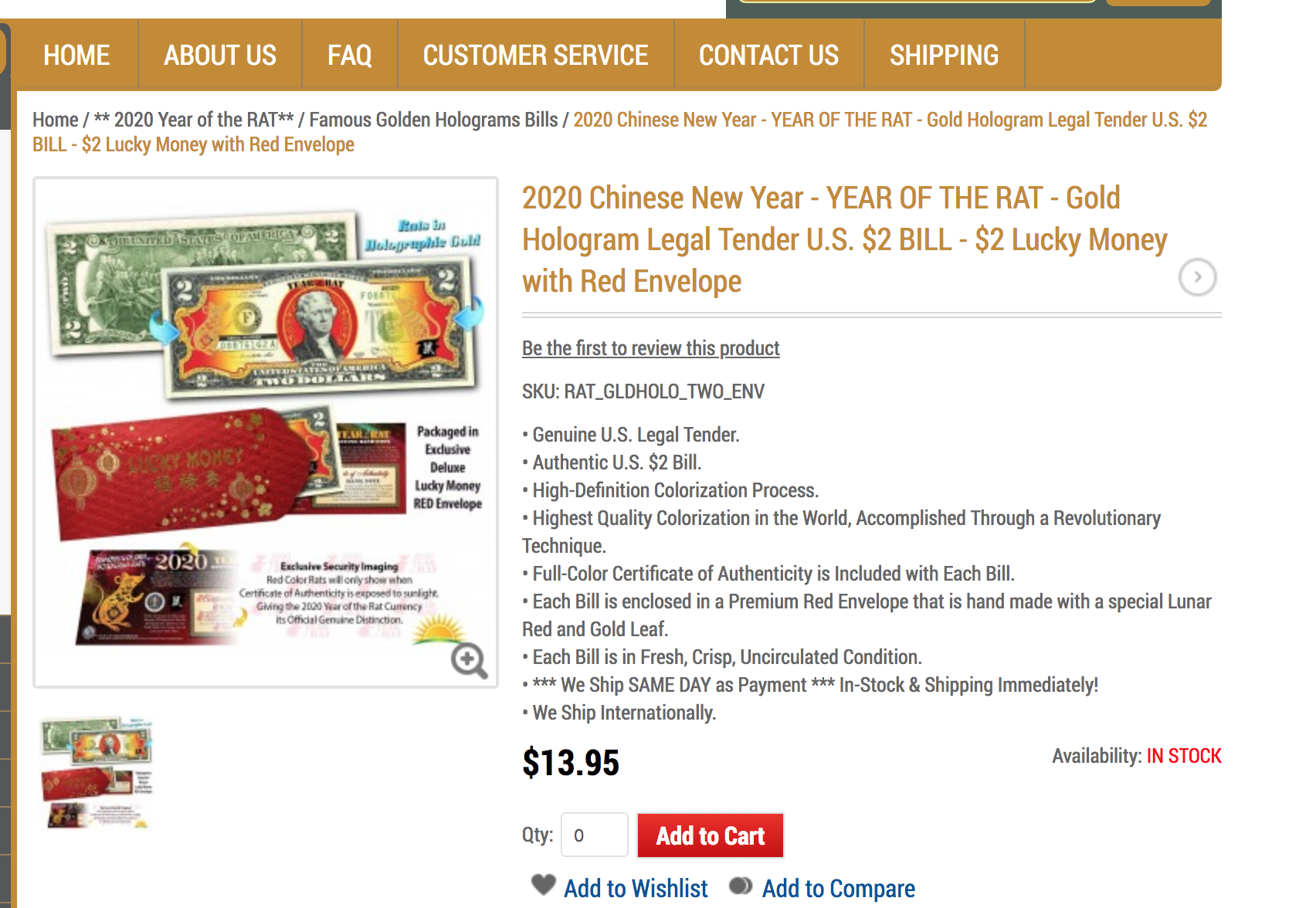 Website của Merrick Mint rao bán tờ tiền 2 USD in hình chuột mạ vàng với giá 13,95 USD và nhận ship trên toàn thế giới. Ảnh chụp màn hình