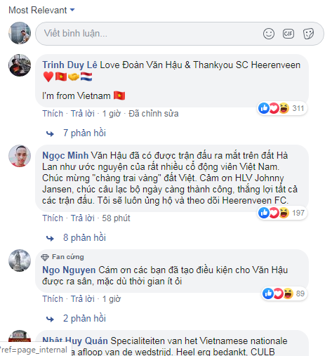 Những lời chúc từ CĐV Việt Nam gửi tới Văn Hậu trên fan page của SC Heerenveen. Ảnh: Chụp màn hình