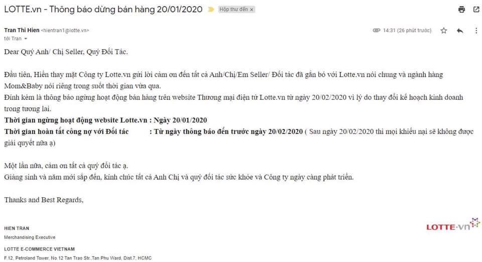 Email của Lotte.vn gửi các đối tác. Ảnh:TL