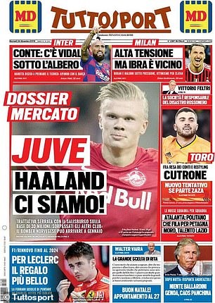 Những trang báo thể thao nổi tiếng của Italia đồng loạt đưa tin về Haaland.