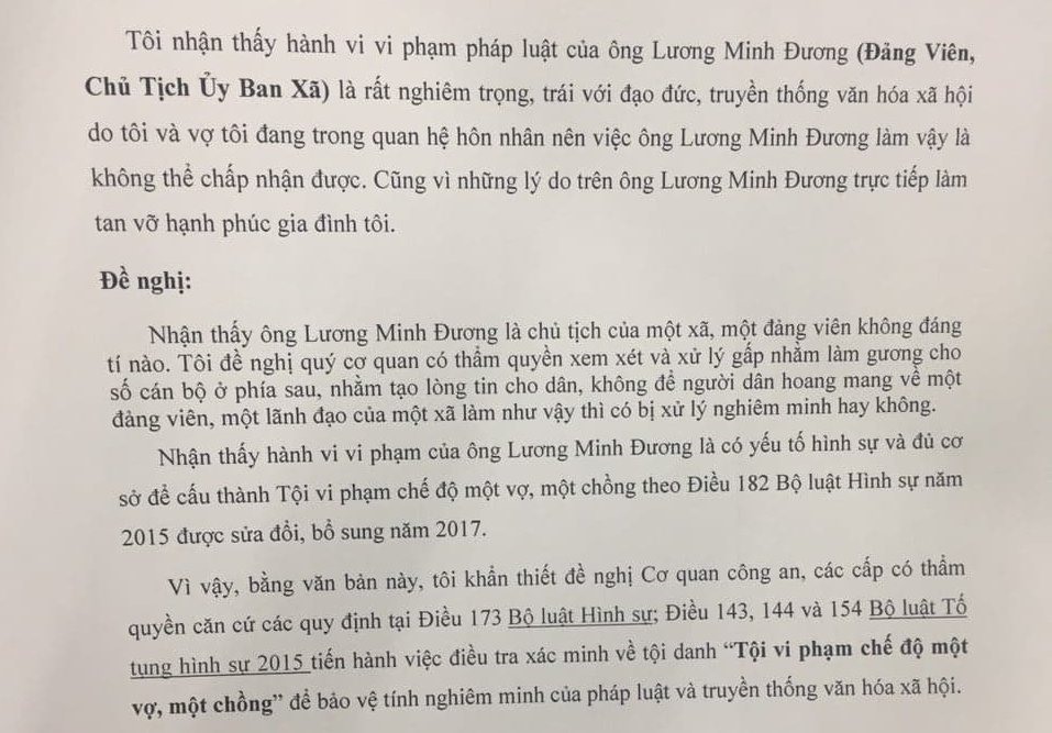 Một phần đơn tố cáo ngoại tình đối với Chủ tịch UBND xã Phong Thạnh Đông, thị xã Giá Rai, Bạc Liêu (ảnh Nhật Hồ)