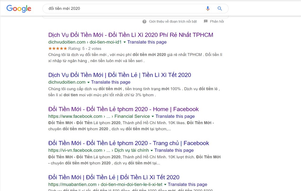 Chỉ với từ khóa “đổi tiền mới 2020“, google cho hàng loạt kết quả về đổi tiền mới và các website chuyên cung cấp dịch vụ đổi tiền mới. Ảnh: L.D