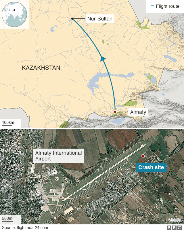 Hành trình bay của chiếc máy bay  có số hiệu Z9 2100 cất cánh từ Almaty, Kazakhstan đến thủ đô Nur-Sultan. Ảnh: BBC