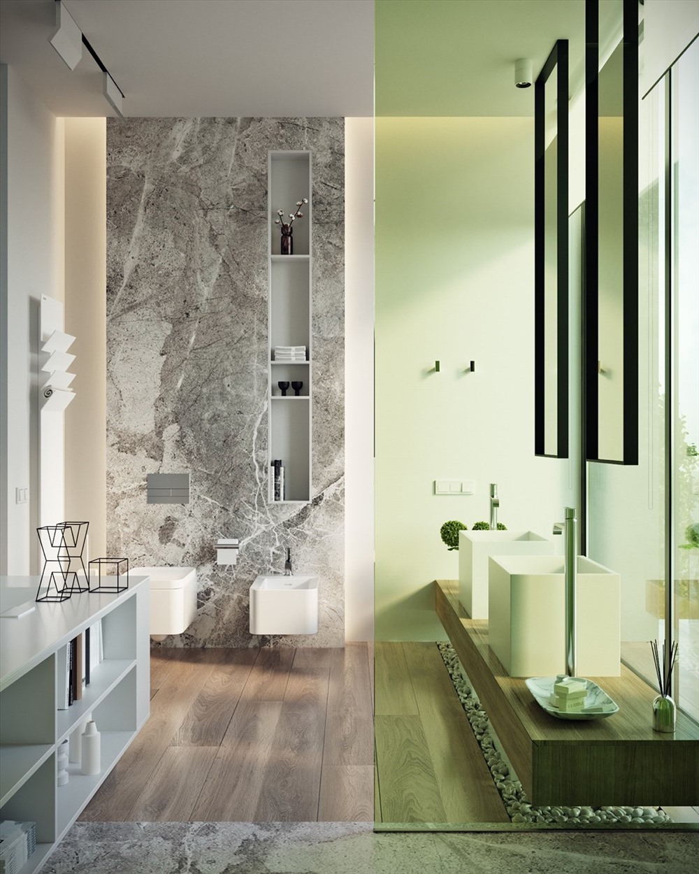 Cửa kính nhà tắm cung cấp ánh sáng tự nhiên tốt nhất có thể để sẵn sàng mỗi sáng. Màu xanh lá cây tươi sáng trở nên dịu dàng với những bức tường đá xám loang lổ và sàn gỗ nâu tại đây.