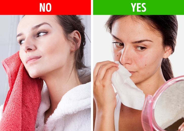 5. Dùng khăn mặt ướt  Ngay cả khi bạn có một chiếc khăn riêng cho khuôn mặt của bạn, nó vẫn có thể rất nguy hiểm, đặc biệt đối với những người có vấn đề về da. Mỗi lần bạn sử dụng cùng một chiếc khăn để lau khô mặt và sau đó để nó ướt. Điều này tạo ra môi trường hoàn hảo để nuôi cấy vi khuẩn.  Bạn cần làm gì:  Sử dụng khăn dùng một lần. Nó sẽ cứu làn da của bạn, cộng với việc bạn không cần phải giặt thêm khăn.
