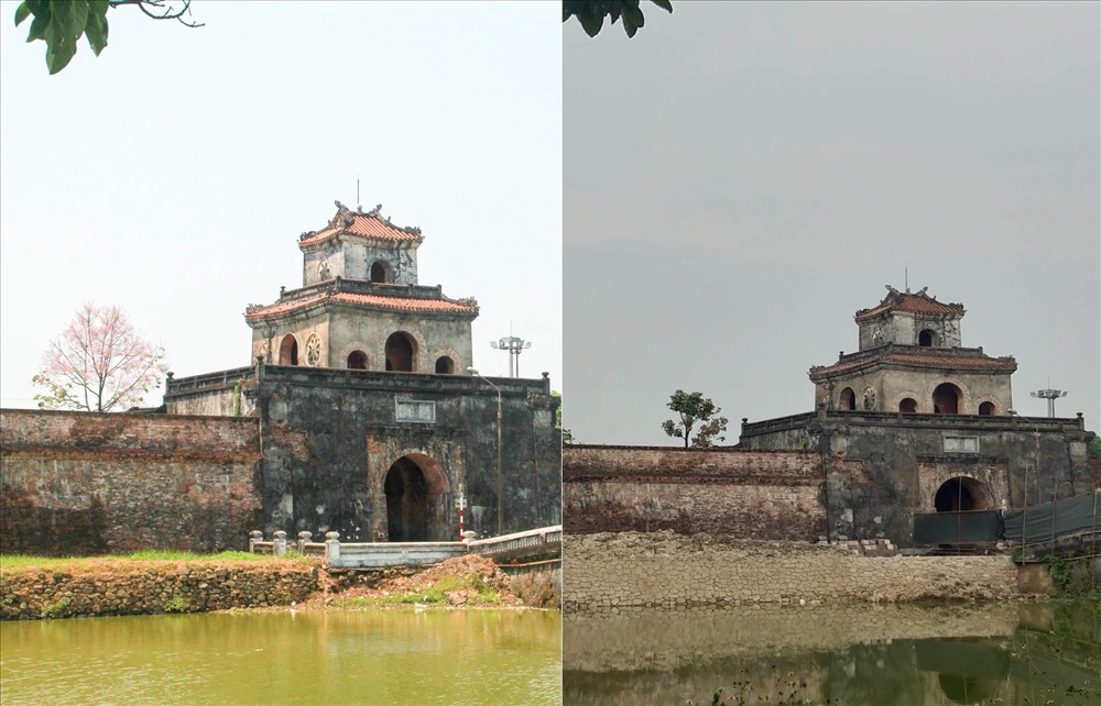 Hình ảnh bờ kè một bên cửa Quảng Đức được ghi nhận vào tháng 4/2018 (ảnh trái) vẫn còn khá nguyên vẹn và ổn định đã bị hạ giải hoàn toàn, thay vào đó là bờ kè mới tại thời điểm hiện tại (ảnh phải).