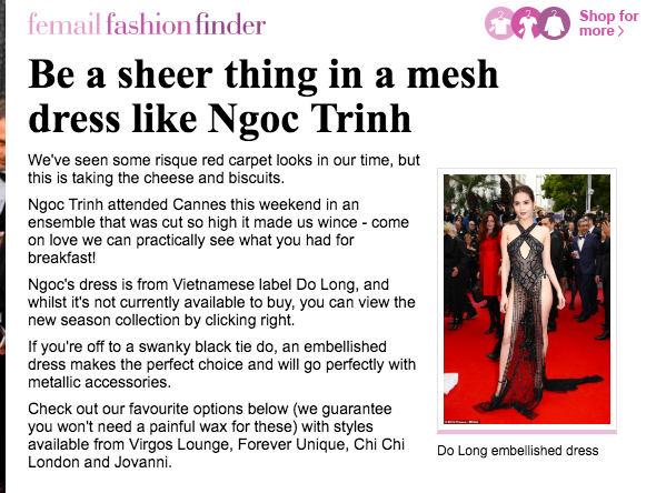 Trang Daily Mail miêu tả bộ váy của Ngọc Trinh “nhìn thấu được mọi thứ“.