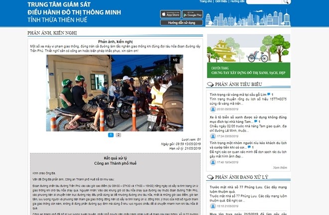 Phản ánh của người dân gửi đến Trung tâm Giám sát, điều hành ĐTTM tỉnh Thừa Thiên- Huế.