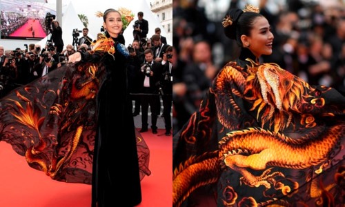 Trương Thị May diện áo dài thêu rồng trên thảm đỏ LHP Cannes 2019.