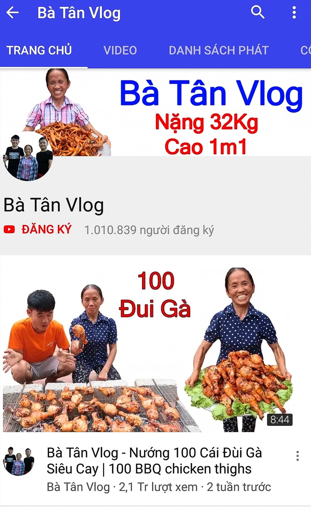 Sau hai tuần đăng tải clip lên nền tảng mạng xã hội Youtube, Bà Tân Vlog nhận về hơn 1 triệu người đăng kí theo dõi.