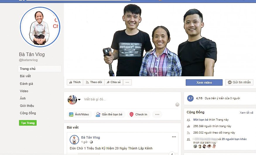 Facebook “Bà Tân Vlog” cũng thu hút gần 300.000 người theo dõi. Ảnh chụp màn hình