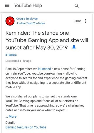 Nhân viên Google đăng bài mới nhất nhắc nhở về việc chấm dứt ứng dụng và trang web YouTube Gaming vào ngày 30 tháng 5