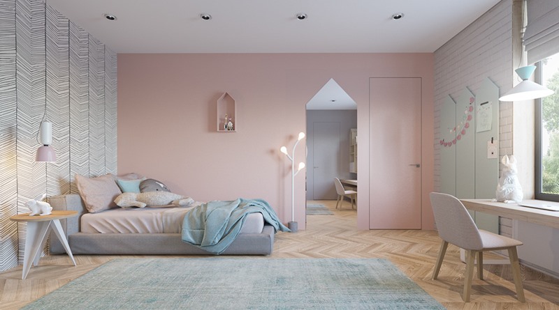 Bức tường màu hồng đã tổ góp phần làm nổi bật cho phòng ngủ của trẻ.