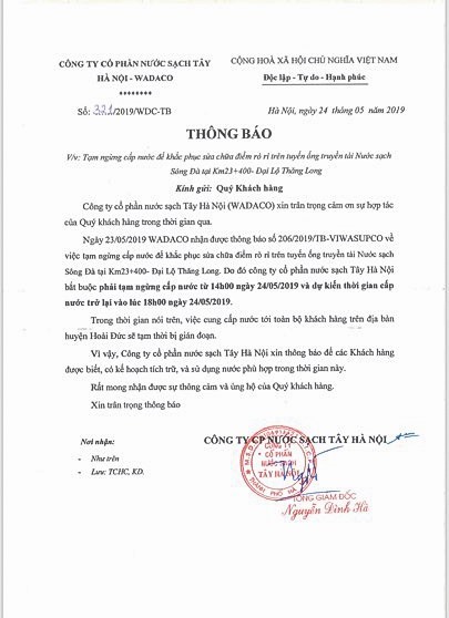 Theo đó, cư dân KĐT Tân Tây Đô đã nhận được thông báo của Công ty CP Nước sạch Tây Hà Nội – Wadaco có nội dung ngừng cấp nước từ 14h ngày 24.5, dự kiến cấp nước trở lại vào lúc 18h cùng ngày. Ảnh: NVCC