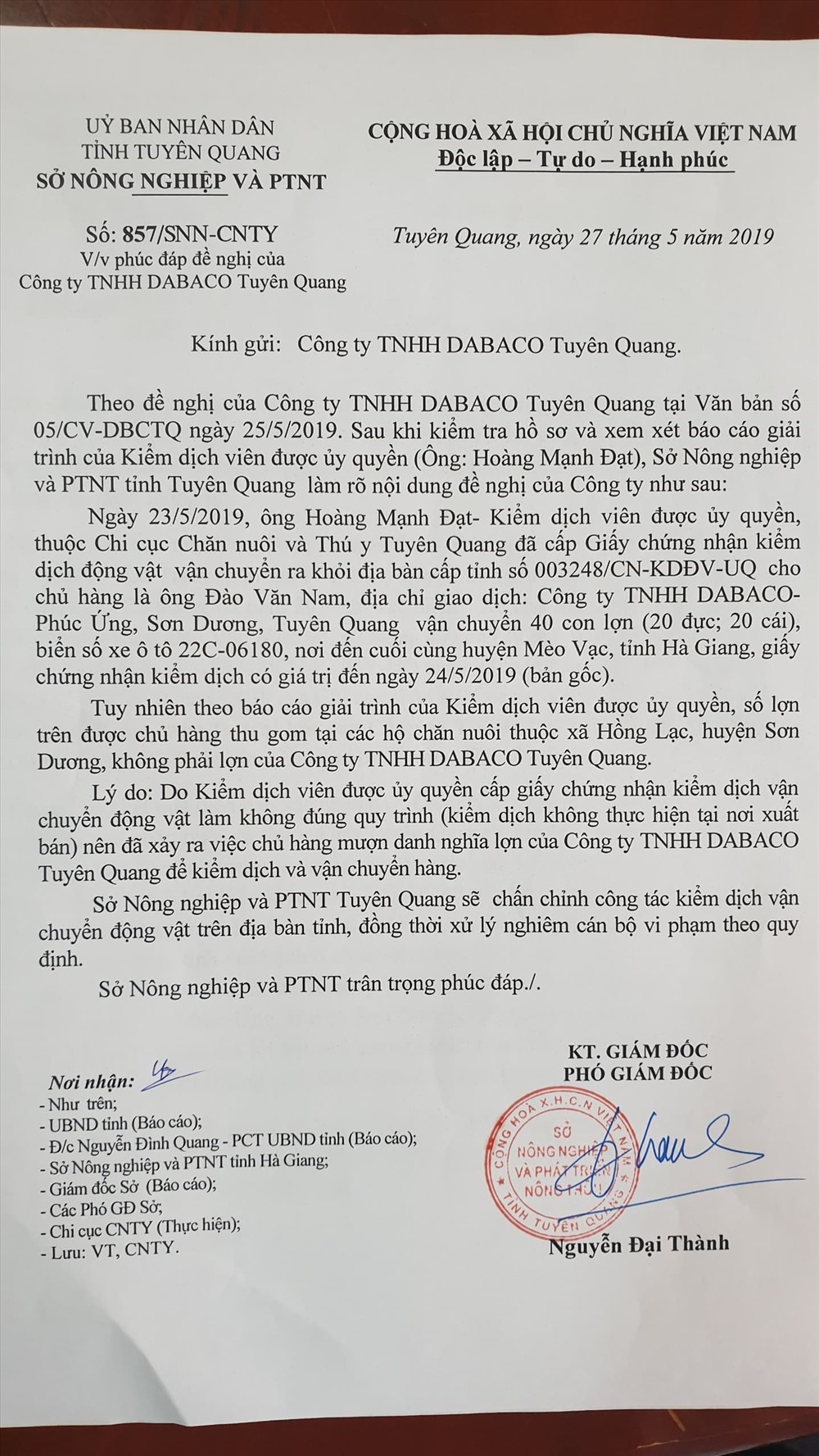 Công văn của Sở NNPTNT Tuyên Quang. Ảnh: Sở NNPTNT Tuyên Quang gửi.
