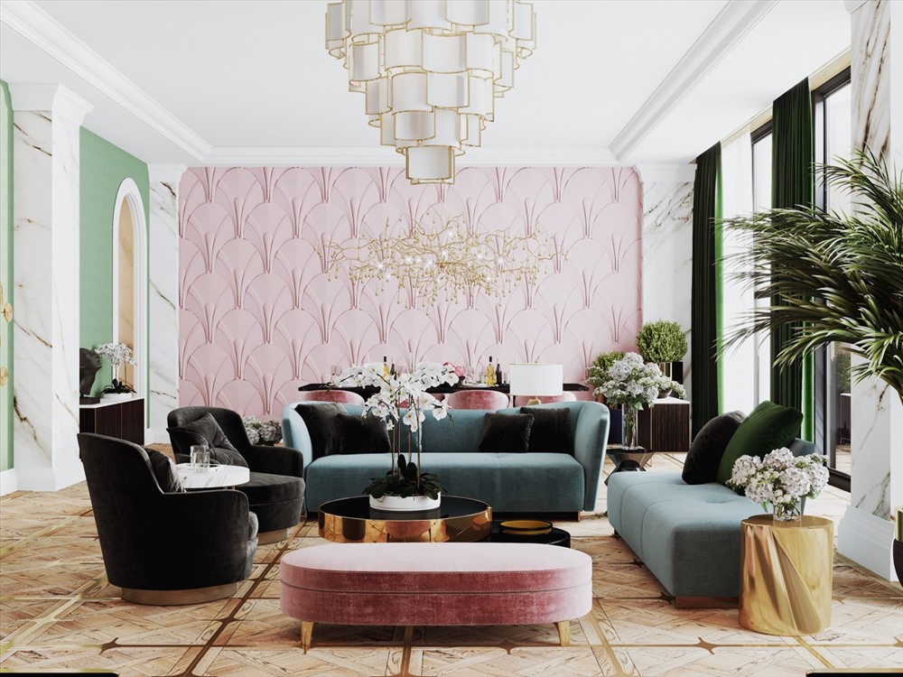 Một bức tường màu hồng độc đáo là điểm nhấn cho căn phòng. Màu hồng còn được gia chủ lựa chọn với những chiếc ghế sofa. Phòng khách này với sự kết hợp của tông màu hồng, đen, xanh, vàng tạo sự tương phản ấn tượng.