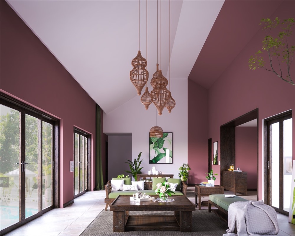Phòng khách sơn tường kết hợp giữa màu trắng tươi và màu hồng sậm. Điều đặc biệt là màu trắng được sơn như một lớp cắt xuyên căn phòng và màu hồng sậm đối xứng ở hai bên.