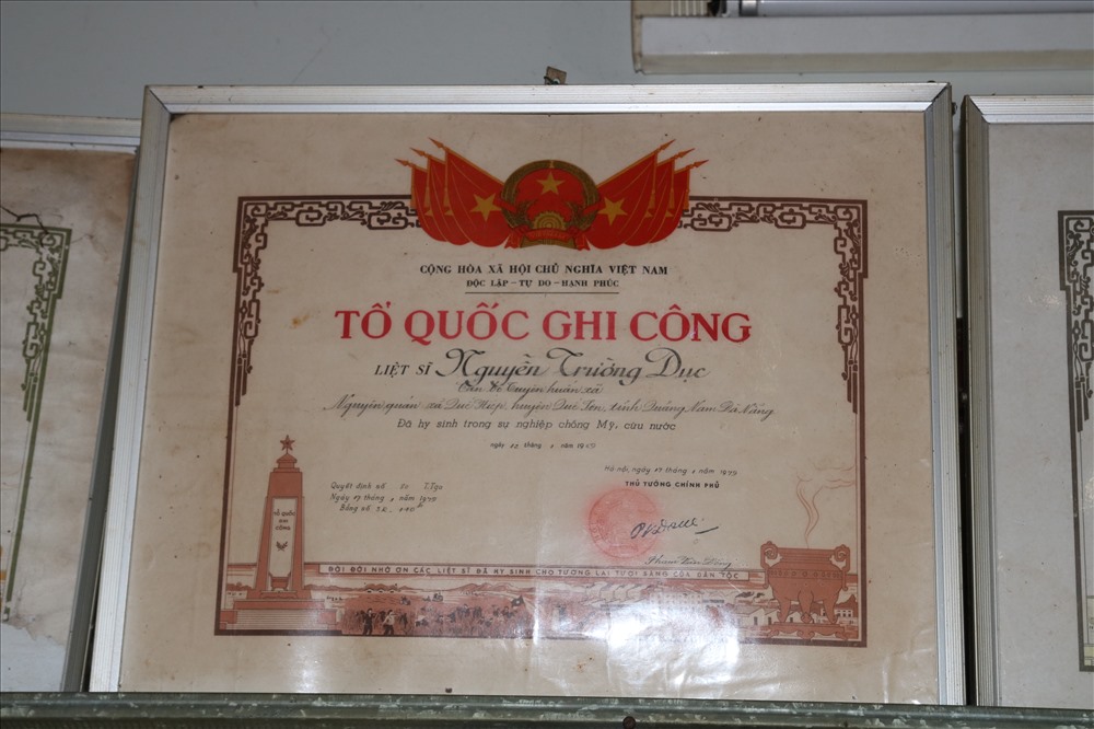 Ông Nguyễn Trường Dục được Thủ tướng Chính phủ truy tặng bằng Tổ Quốc ghi công năm 1979. Ảnh: Đ.V