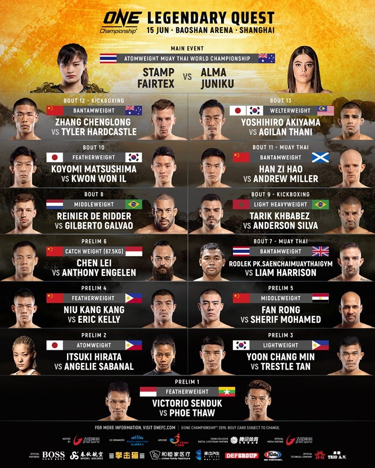 Bảng thi đấu ngày 16.5 tâm điểm là trận so tài giữa 2 võ sĩ Muay Thái SAM-A và HAGGERTY. Nguồn: One Championship