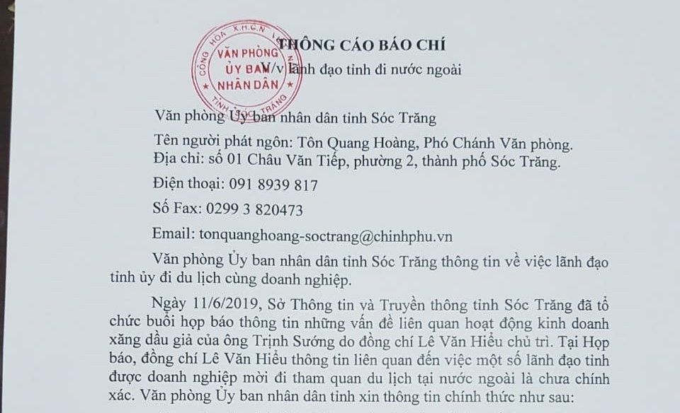 Thông cáo báo chí do người phát ngôn UBND tỉnh Sóc Trăng phát hành thể hiện phát biểu của Phó chủ tịch UBND tỉnh Sóc Trăng Lê Văn Hiểu là chưa chính xác (ảnh Nhật Hồ)