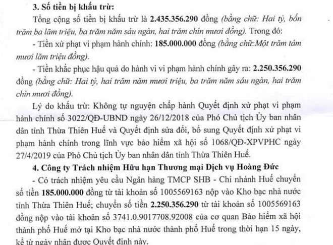 Quyết định cưỡng chế của UBND tỉnh Thừa Thiên - Huế. Ảnh: ĐH.