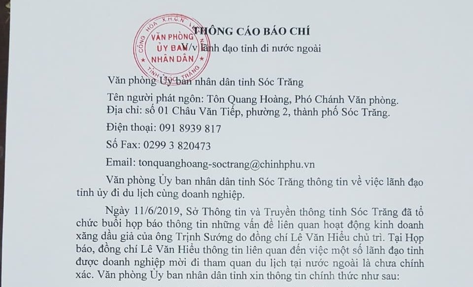 Trước đó, chiều 12.3, người phát ngôn UBND tỉnh Sóc Trăng cũng bác thông tin lãnh đạo làm trưởng đoàn đi du lịch nước ngoài do Trịnh Sướng tài trợ là chưa chính xác (ảnh Nhật Hồ)