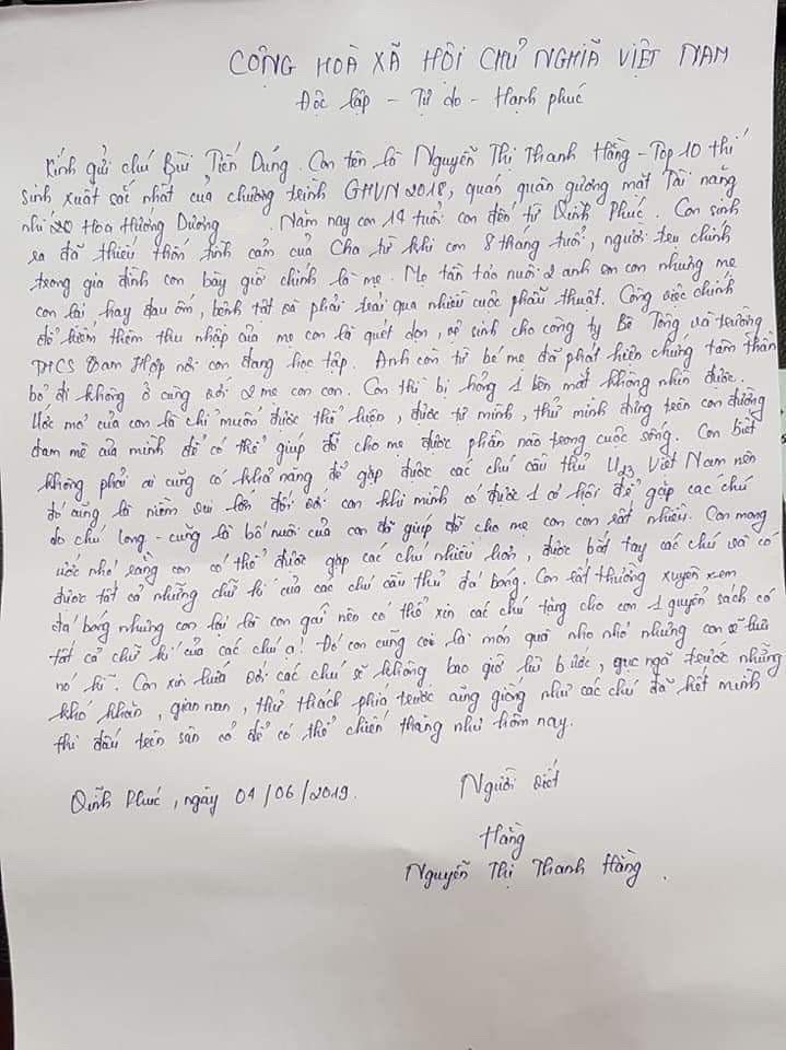 Lá thư tay CĐV nhí Thanh Hằng viết để gửi thần tượng Bùi Tiến Dũng.