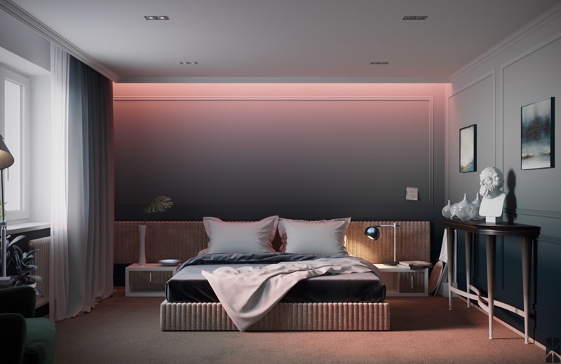 Chiếc giường thấp phù hợp với bầu không khí yên tĩnh trong phòng.