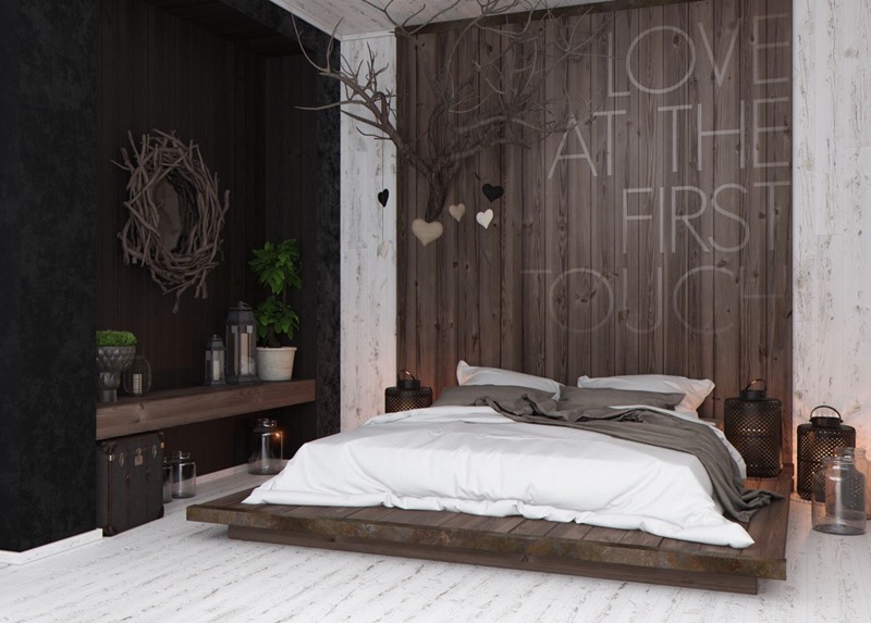 Tạo một phòng ngủ mộc mạc, hiện đại bằng cách kết hợp một bức tường bằng gỗ với khung gương hình nhánh cây.