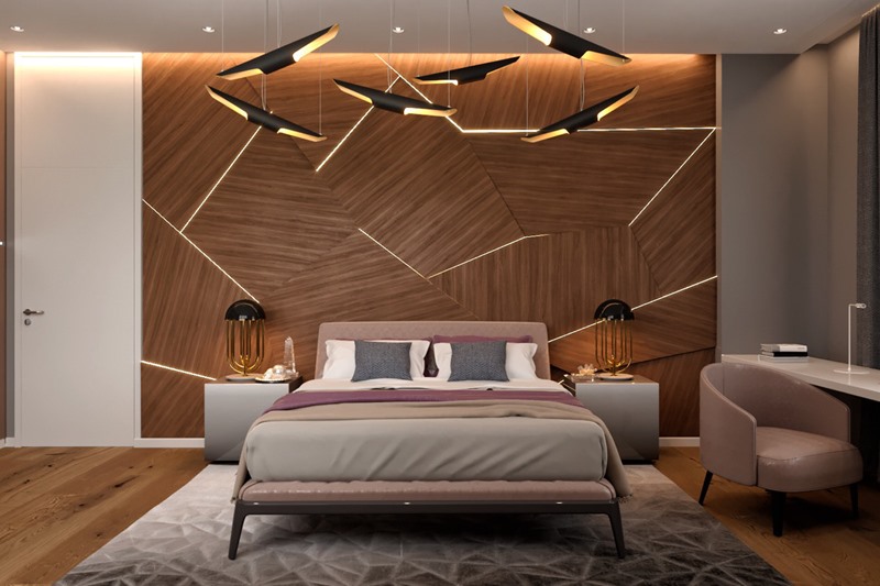 Ánh sáng và gỗ kết hợp tạo thành tác phẩm nghệ thuật “đắt giá” cho phòng ngủ.