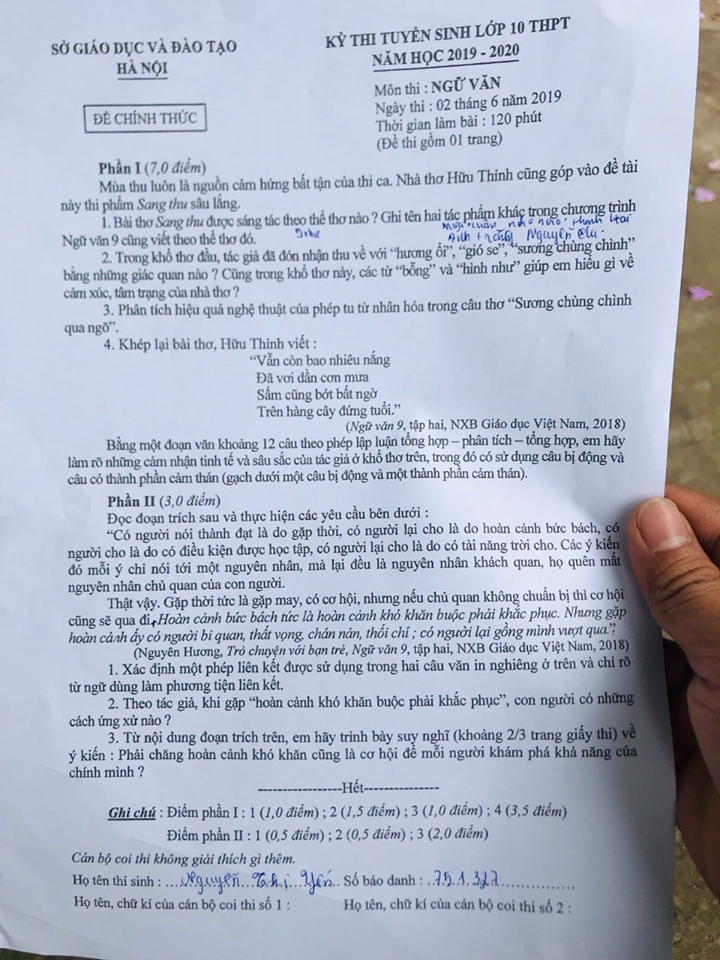 Đề thi chính thức môn Ngữ Văn vào lớp 10. Ảnh: Huyên Nguyễn
