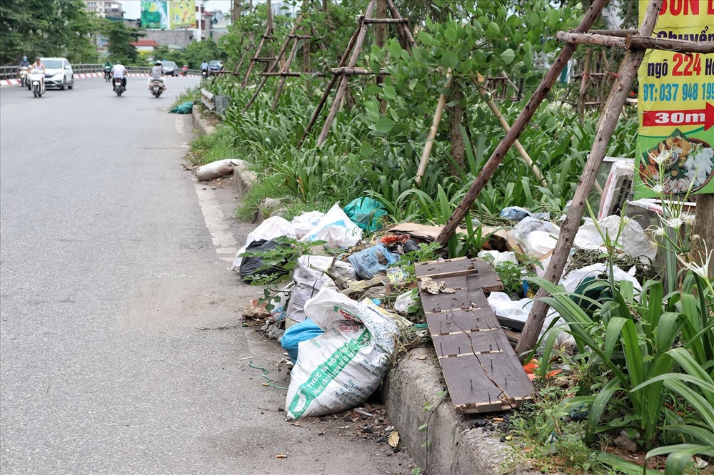 Trên dải phân cách dọc theo đường cầu vượt Văn Cao - Hoàng Hoa Thám cũng “mọc” lên những bãi rác lớn nhỏ. Ảnh: PV.