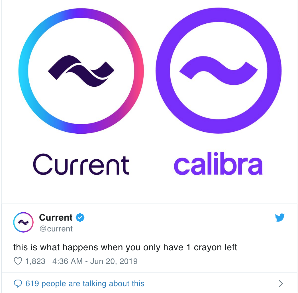Twitter của ngân hàng Current đăng lên bức ảnh so sánh 2 logo với lời bình “Khi bạn vẽ mà hộp bút sáp chỉ còn 1 màu duy nhất“. Ảnh Current