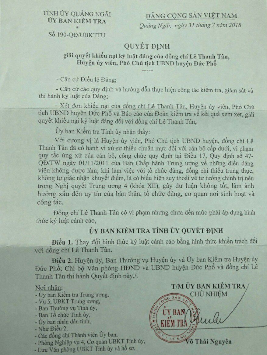 Kết luận của UBKT Tỉnh ủy Quảng Ngãi đối với ông Lê Thanh Tân. Ảnh: Hà Phương