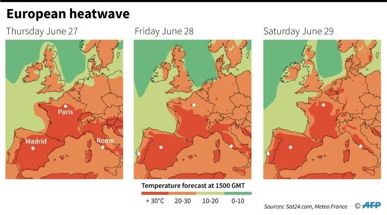 Dự báo nhiệt độ ở phía tây Châu Âu từ ngày 27-29.6. Ảnh: AFP.