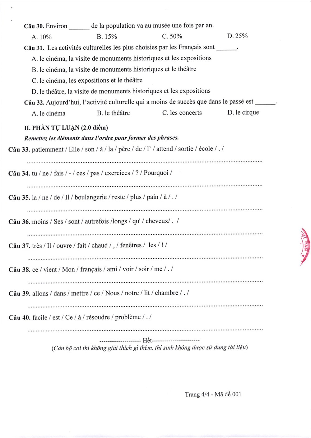 Đề thi chính thức môn Tiếng Pháp vào lớp 10 Hà Nội.