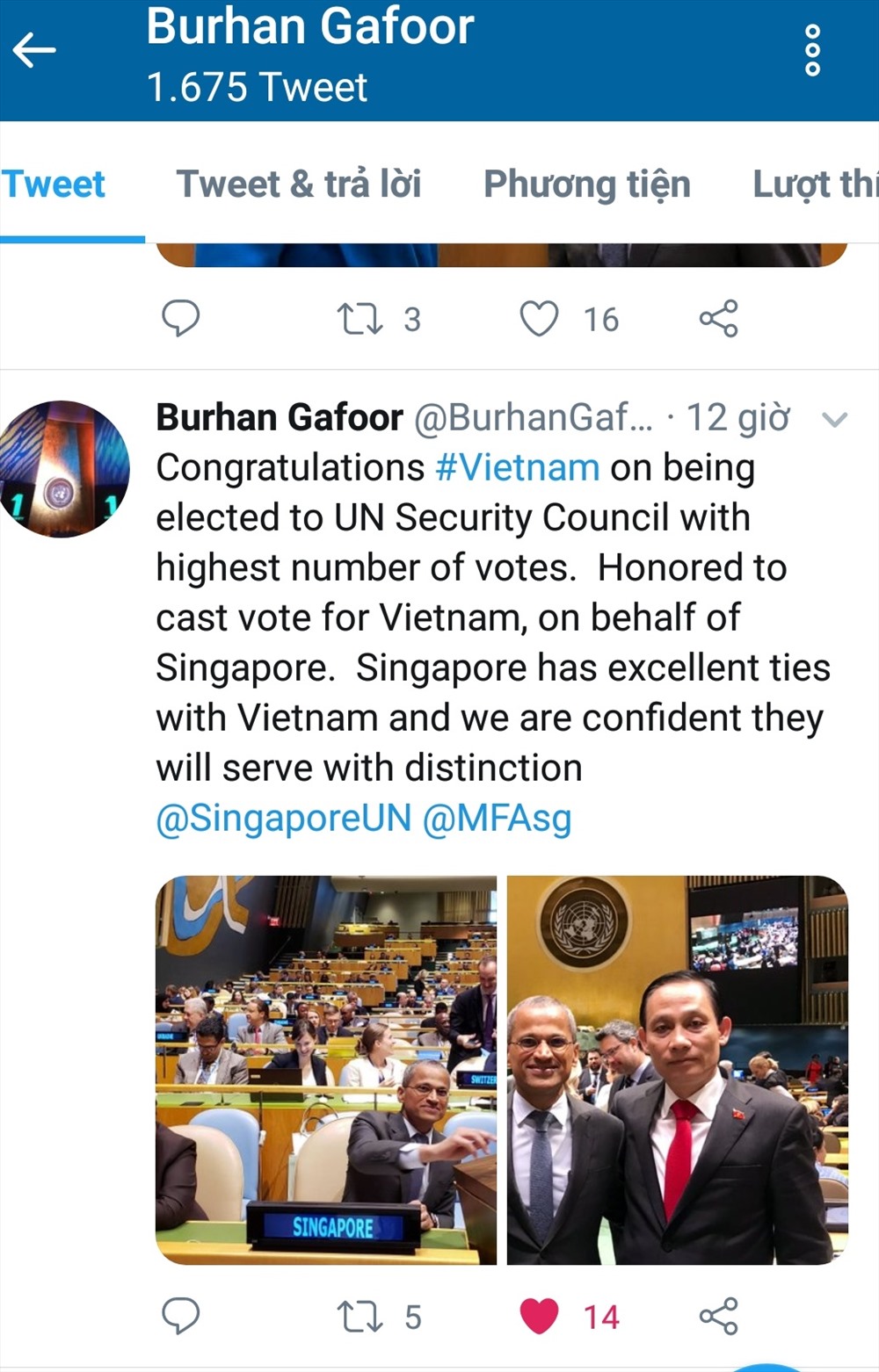 Đại sứ Burhan Gafoor -  Trưởng Phái đoàn Singapore tại Liên Hợp Quốc chúc mừng Việt Nam. Ảnh chụp màn hình.